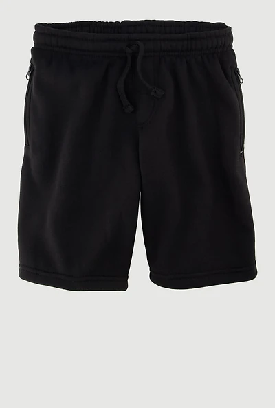 Boys Stylish Zip Pocket Sweatshorts with Drawstring Waist, Black, Size 10-12