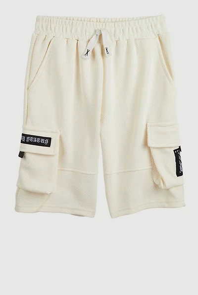Boys Textured Knit Patch Cargo Sweatshorts, White, Size 10-12