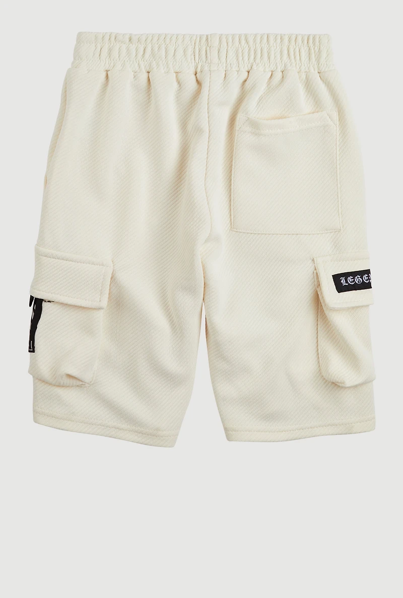 Boys Textured Knit Patch Cargo Sweatshorts, White, Size 10-12