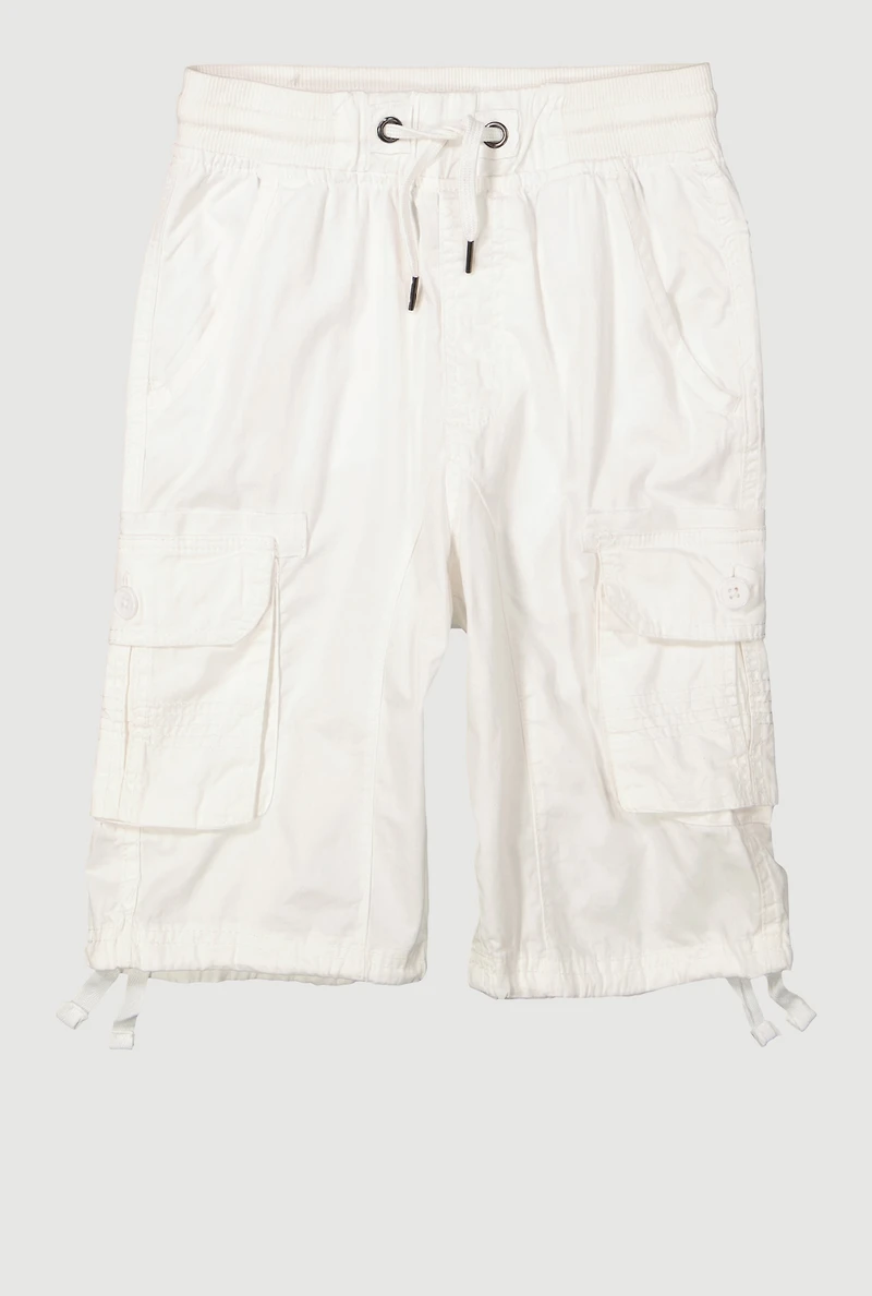 Boys Twill Drawstring Waist Utility Shorts, White,