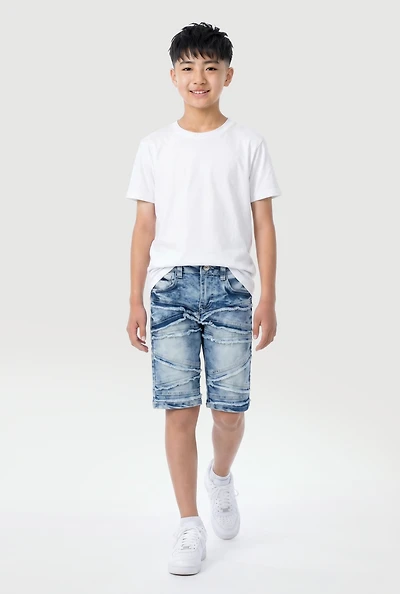 Boys Acid Wash Frayed Decorative Stitch Denim Shorts