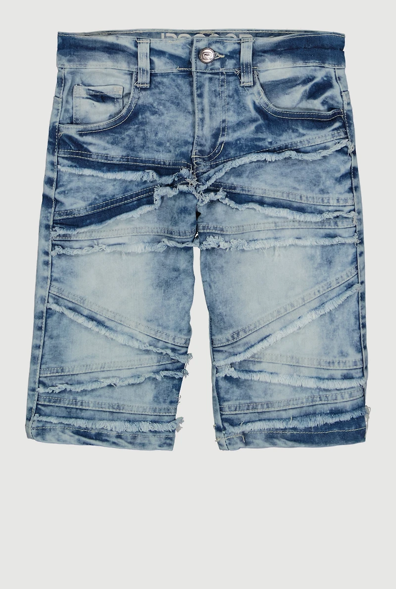 Boys Acid Wash Frayed Decorative Stitch Denim Shorts