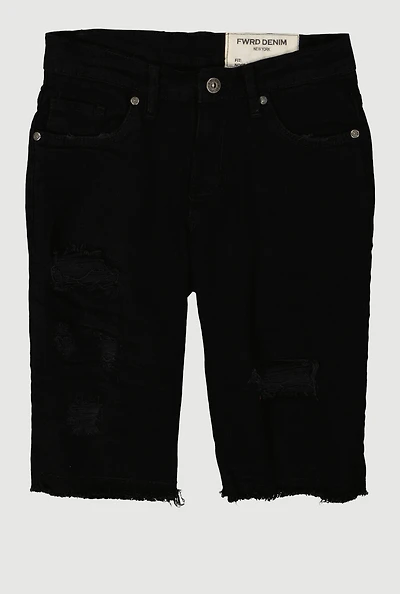 Boys Distressed Patch and Repair Denim Shorts, Black, Size 16