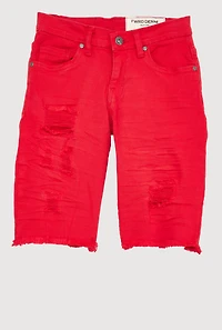 Boys Patch and Repair Frayed Denim Bermuda Shorts, Red, Size 16