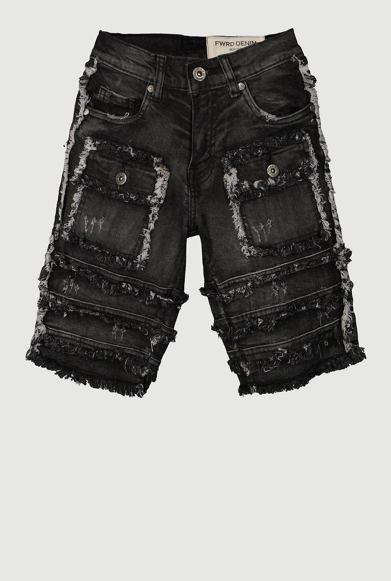 Boys Distressed Frayed Cargo Denim Shorts, Black, Size 16