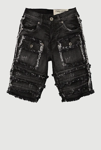 Boys Distressed Frayed Cargo Denim Shorts, Black, Size 16