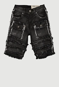 Boys Distressed Frayed Cargo Denim Shorts, Black, Size 16