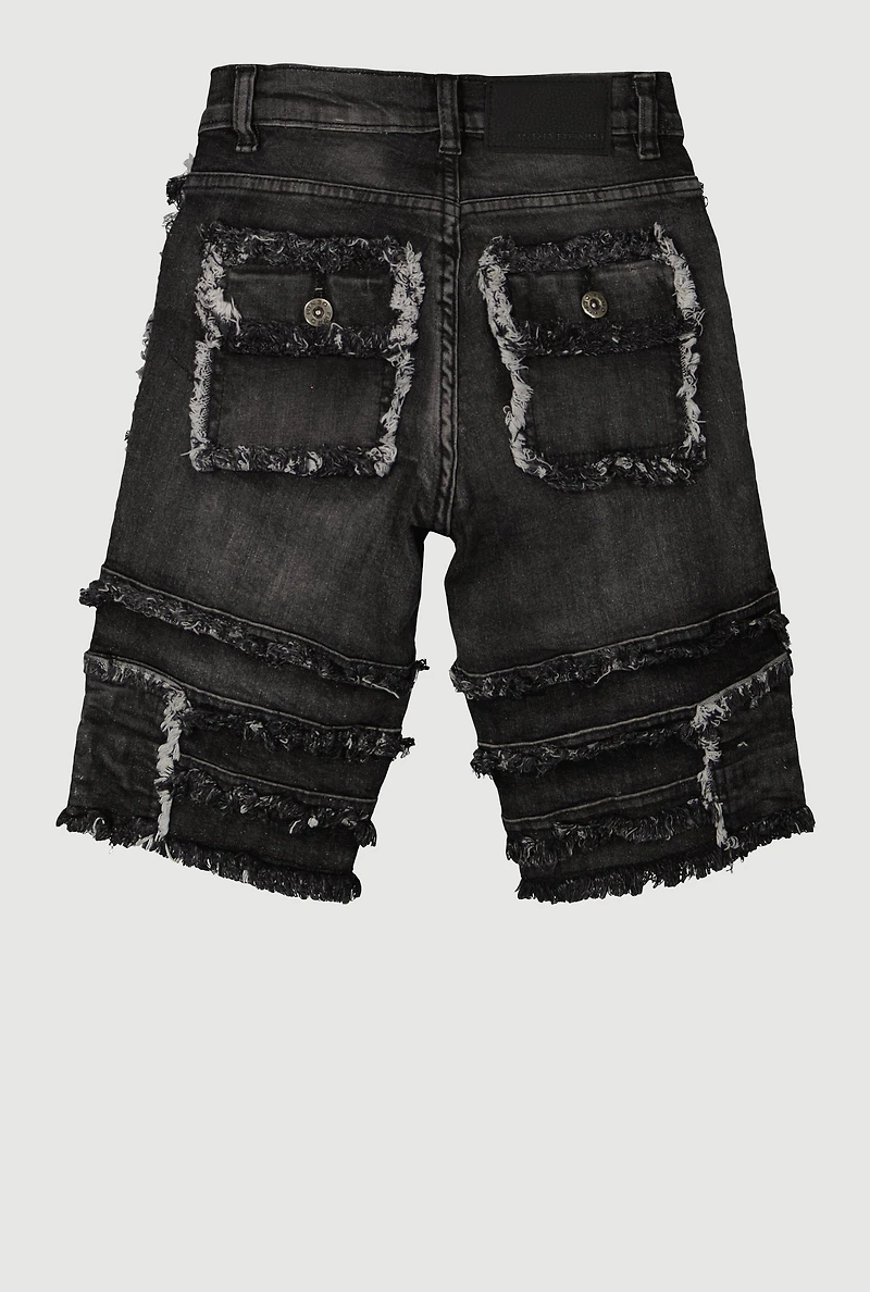 Boys Distressed Frayed Cargo Denim Shorts, Black, Size 16