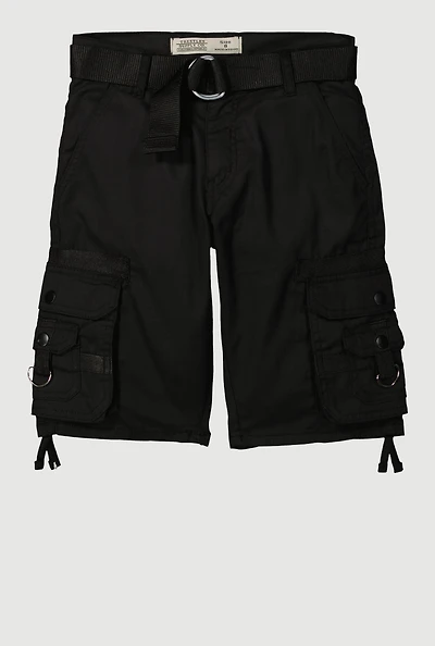 Boys Belted Cargo Pocket Shorts, Black, Size 12