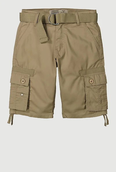 Boys Belted Tie Hem Cargo Shorts, Khaki, Size 14
