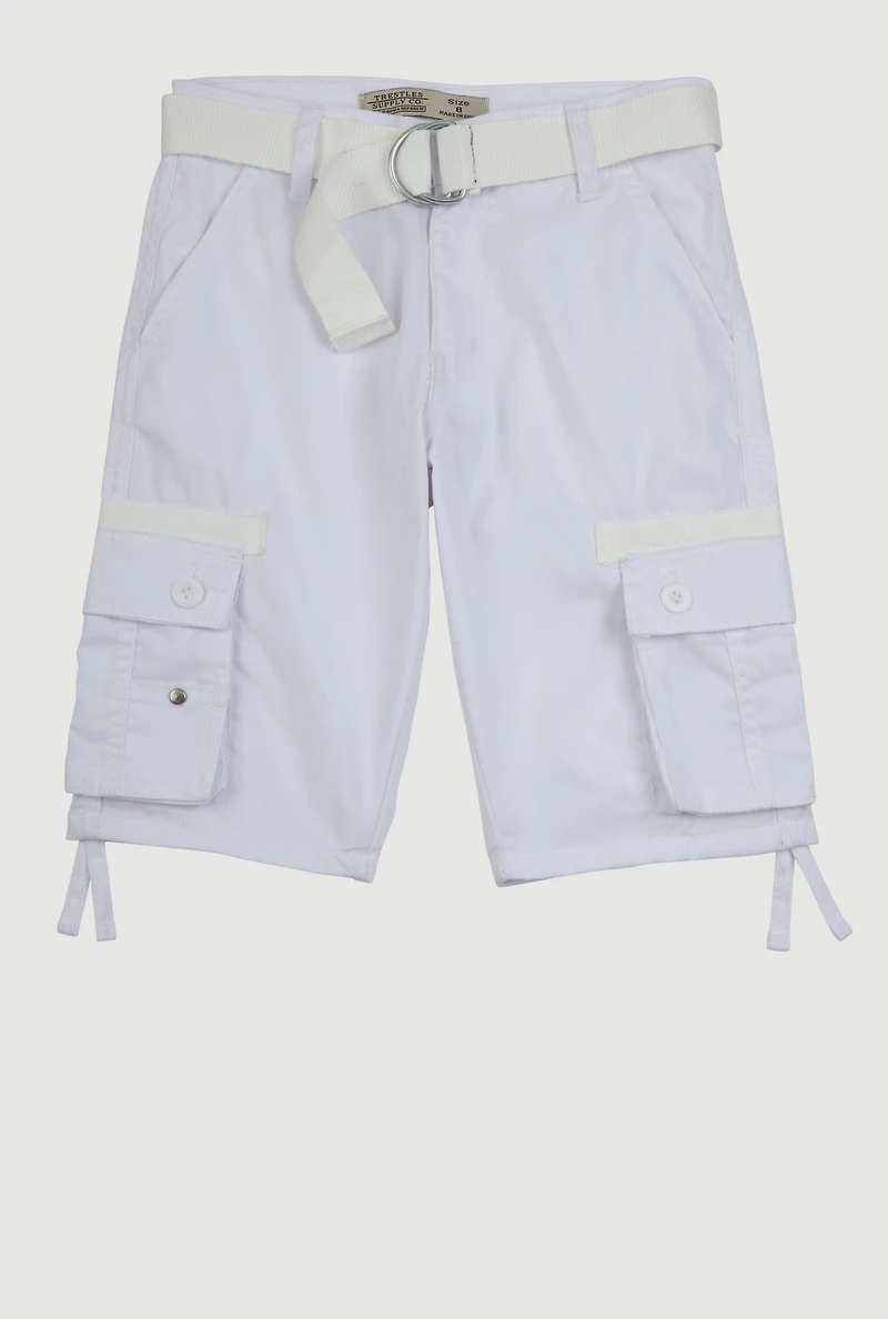 Boys Twill Tie Hem Belted Cargo Shorts, White,
