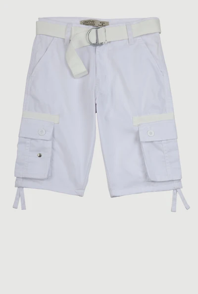 Boys Twill Tie Hem Belted Cargo Shorts, White,