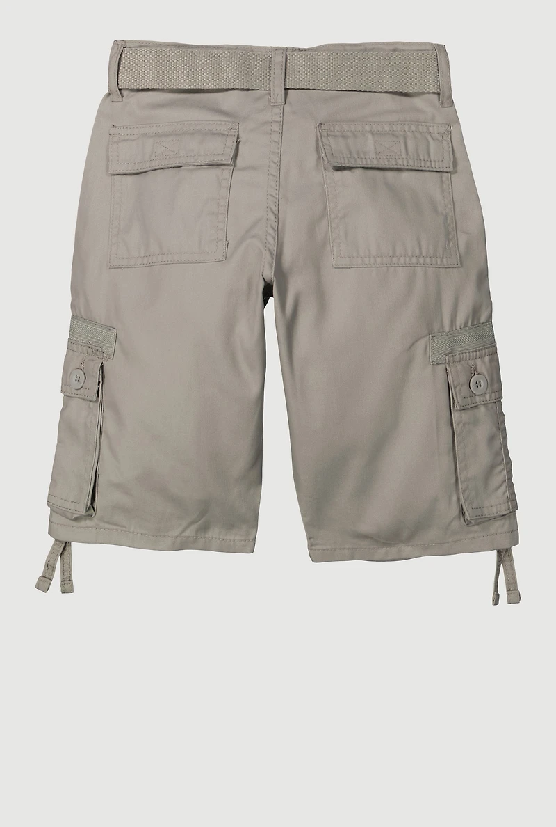 Boys Belted Tie Hem Cargo Pocket Shorts, Grey, Size 12
