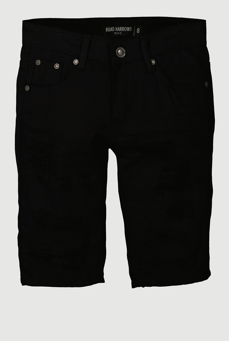 Boys Distressed Denim Shorts, Black, Size 16