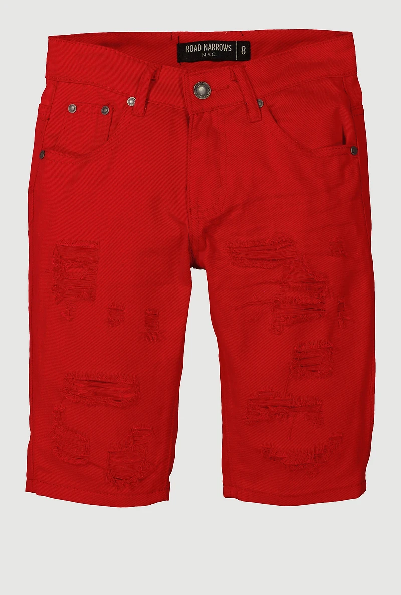 Boys Distressed Patch and Repair Frayed Shorts, Red,