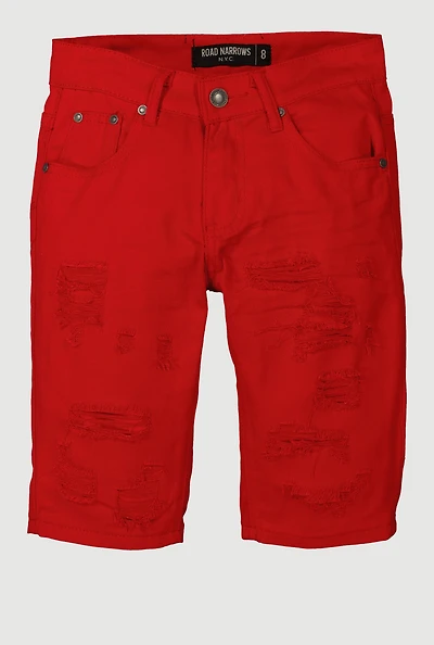 Boys Distressed Patch and Repair Frayed Shorts, Red,
