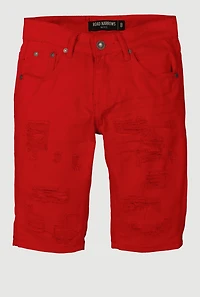 Boys Distressed Patch and Repair Frayed Shorts, Red,