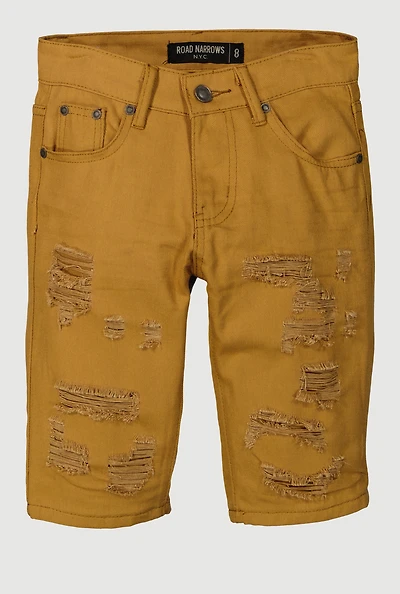 Boys Distressed Solid Denim Shorts, Brown, Size 12