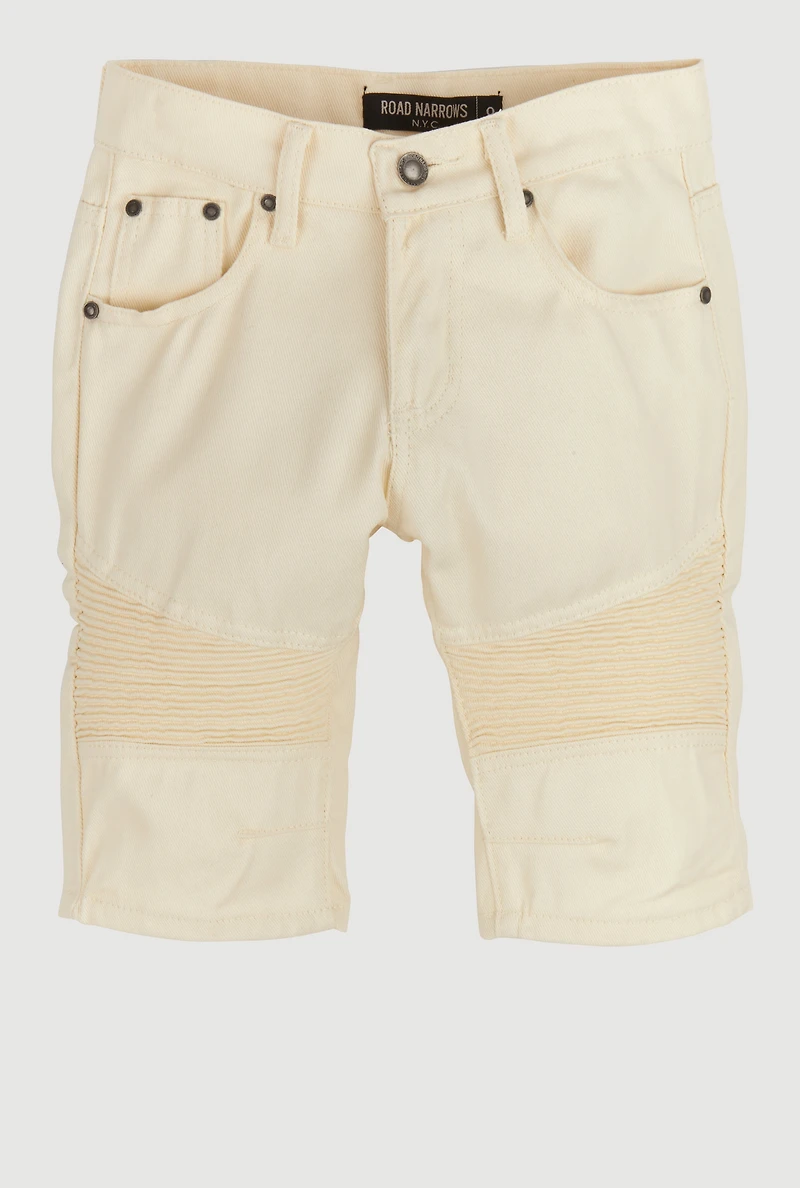 Boys Solid Denim Moto Shorts, Beige, Size 14