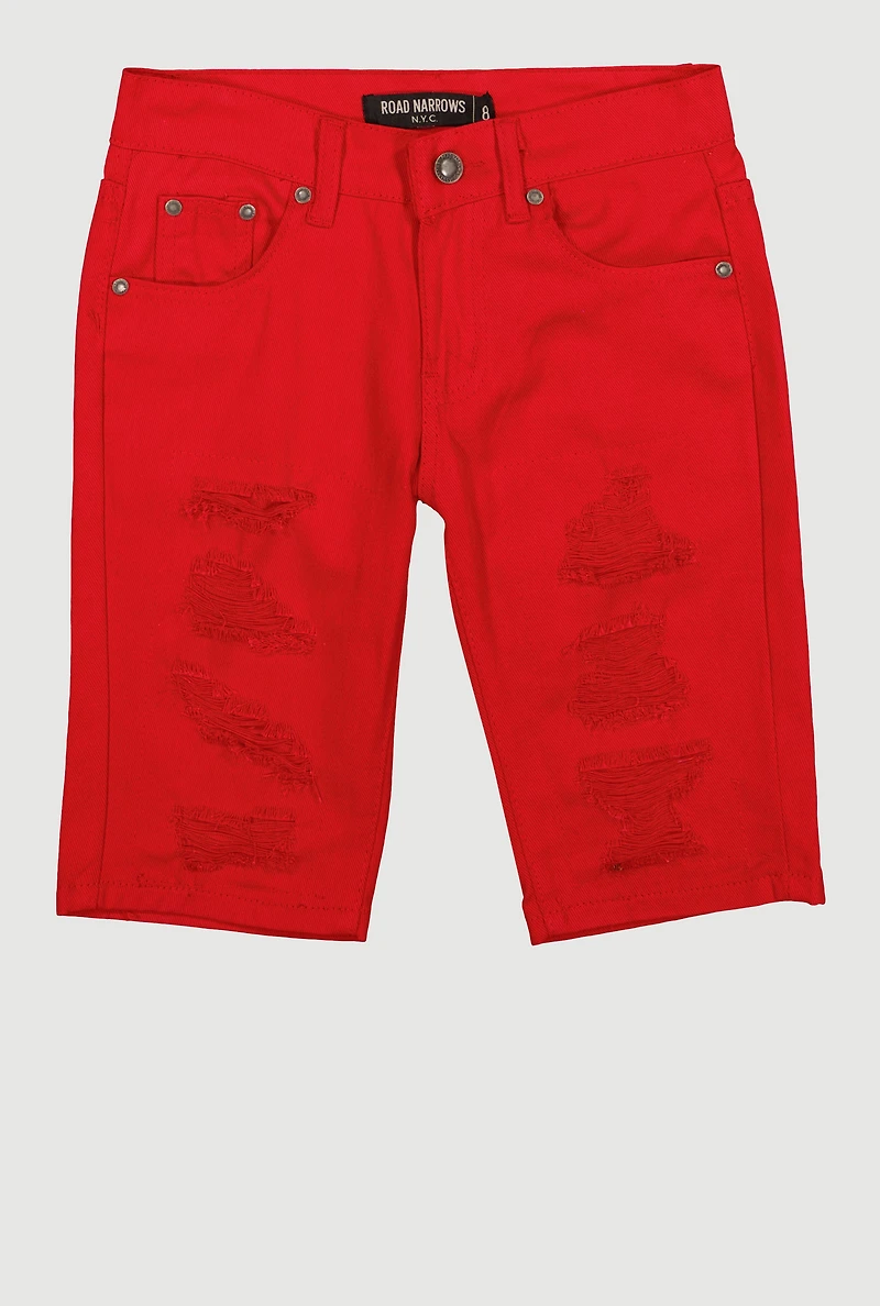 Boys Solid Distressed Denim Shorts