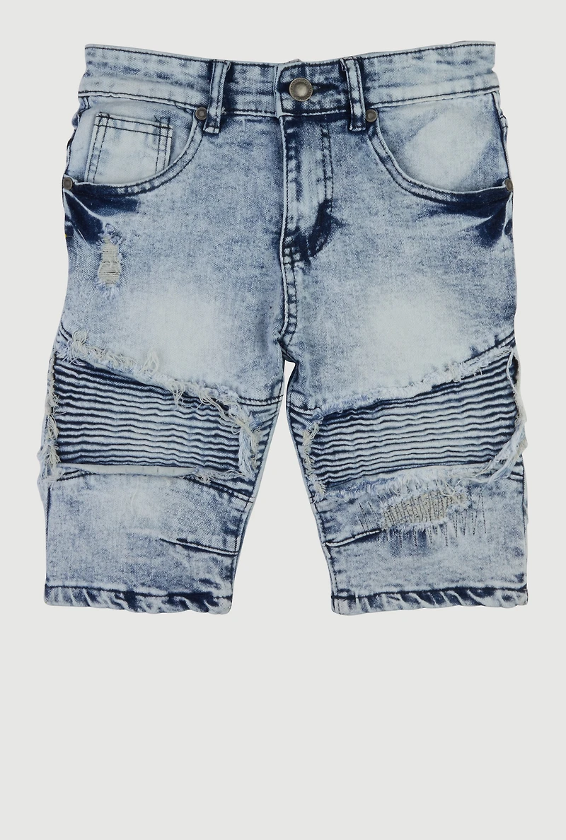 Boys Acid Wash Denim Frayed Moto Shorts