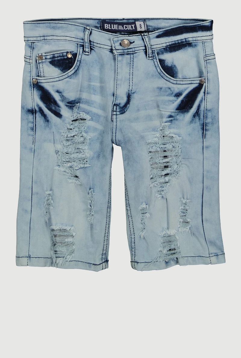 Boys Whiskered Patch and Repair Distressed Denim Shorts