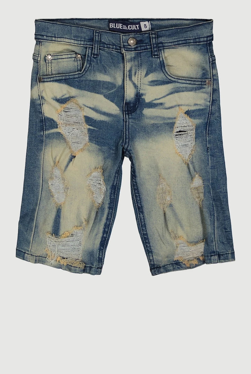 Boys Distressed Whiskered Acid Wash Denim Shorts