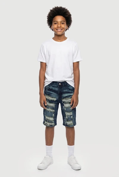 Boys Paint Splatter Whiskering Patterned Denim Shorts