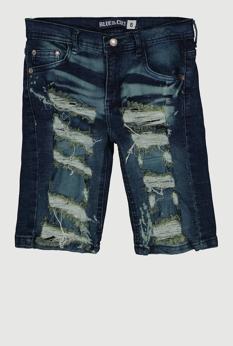 Boys Paint Splatter Whiskering Patterned Denim Shorts