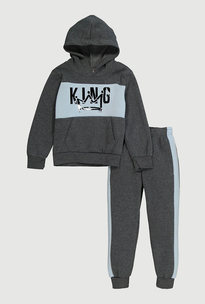 Little Boys King Graphic Color Blocked Hoodie and Joggers