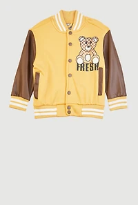 Little Boys Fresh Graphic Faux Leather Sleeve Varsity Jacket, Yellow, Size 4