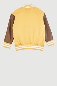 Little Boys Fresh Graphic Faux Leather Sleeve Varsity Jacket, Yellow, Size 4