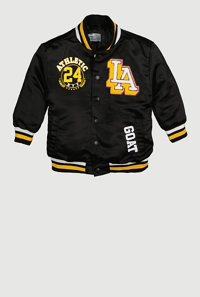 Little Boys Chenille City Graphic Patch Bomber Jacket, Black, Size 4