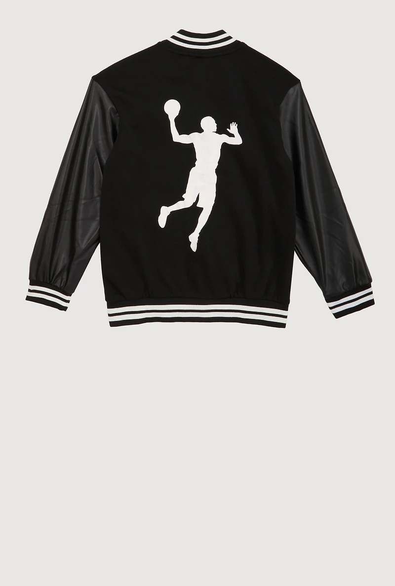 Boys Goat Graphic Faux Leather Sleeve Varsity Jacket, Black, Size 14-16