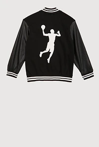 Boys Goat Graphic Faux Leather Sleeve Varsity Jacket, Black, Size 14-16