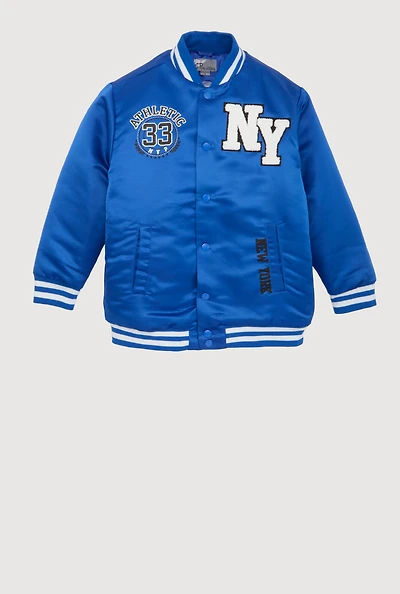 Boys Chenille Patch City Graphic Varsity Jacket