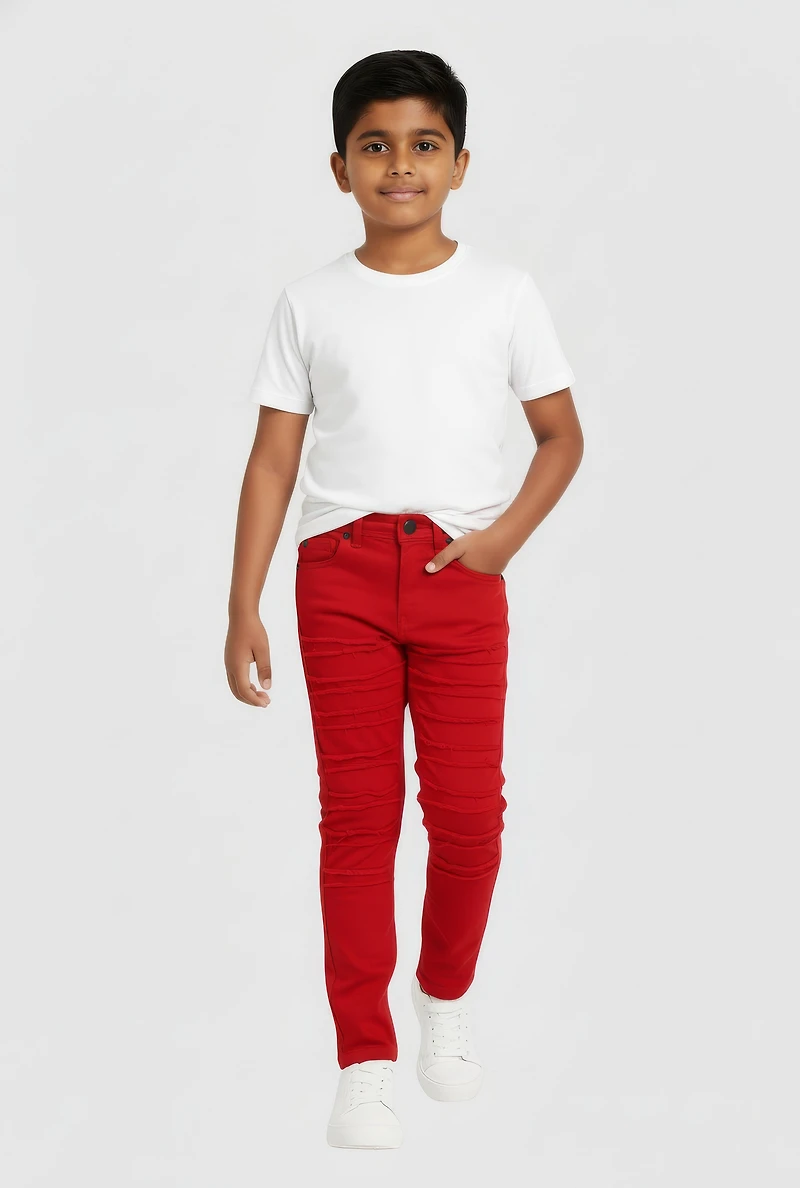 Little Boys Frayed Stretch Jeans, Red, Size 4