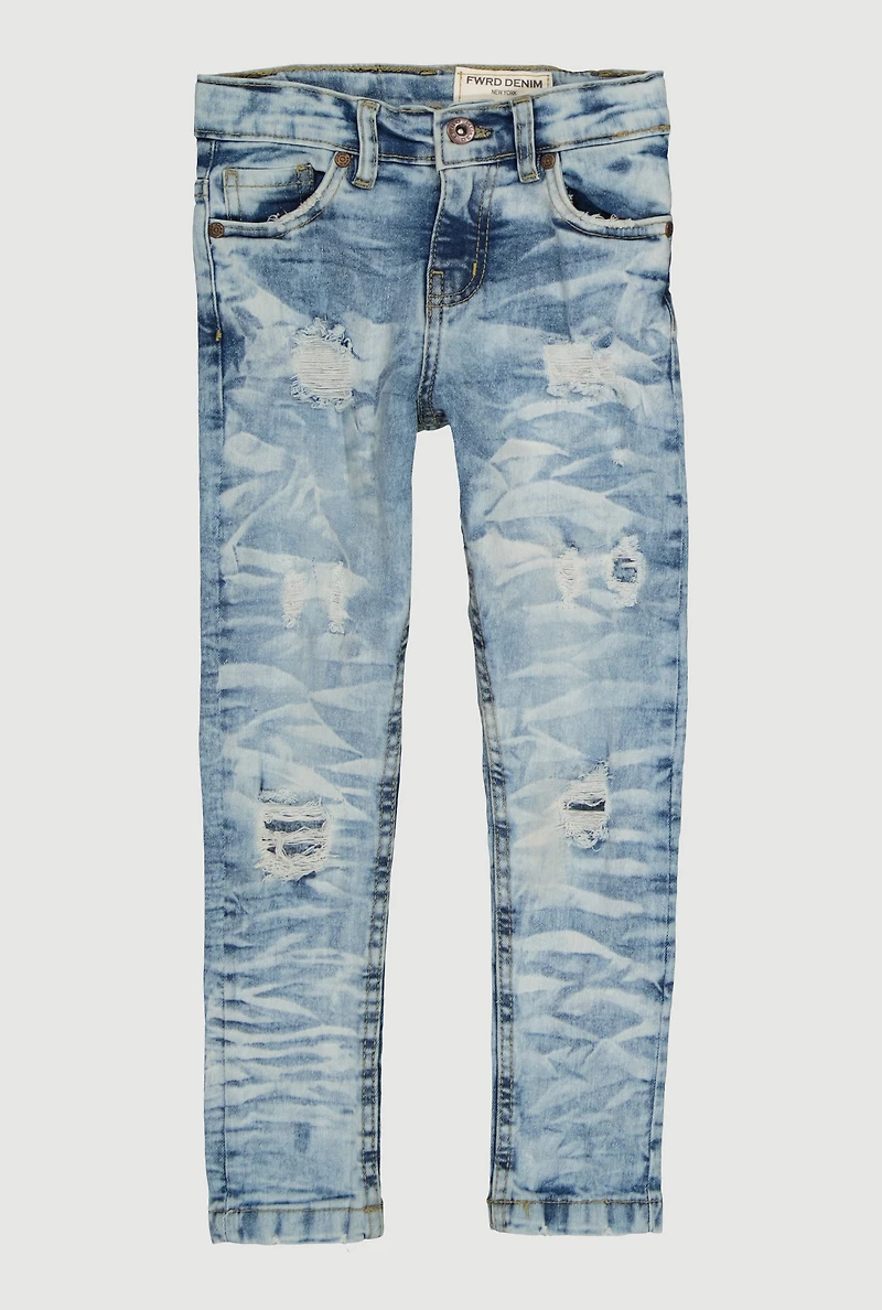 Little Boys Distressed Whiskered Skinny Jeans, Blue, Size 4