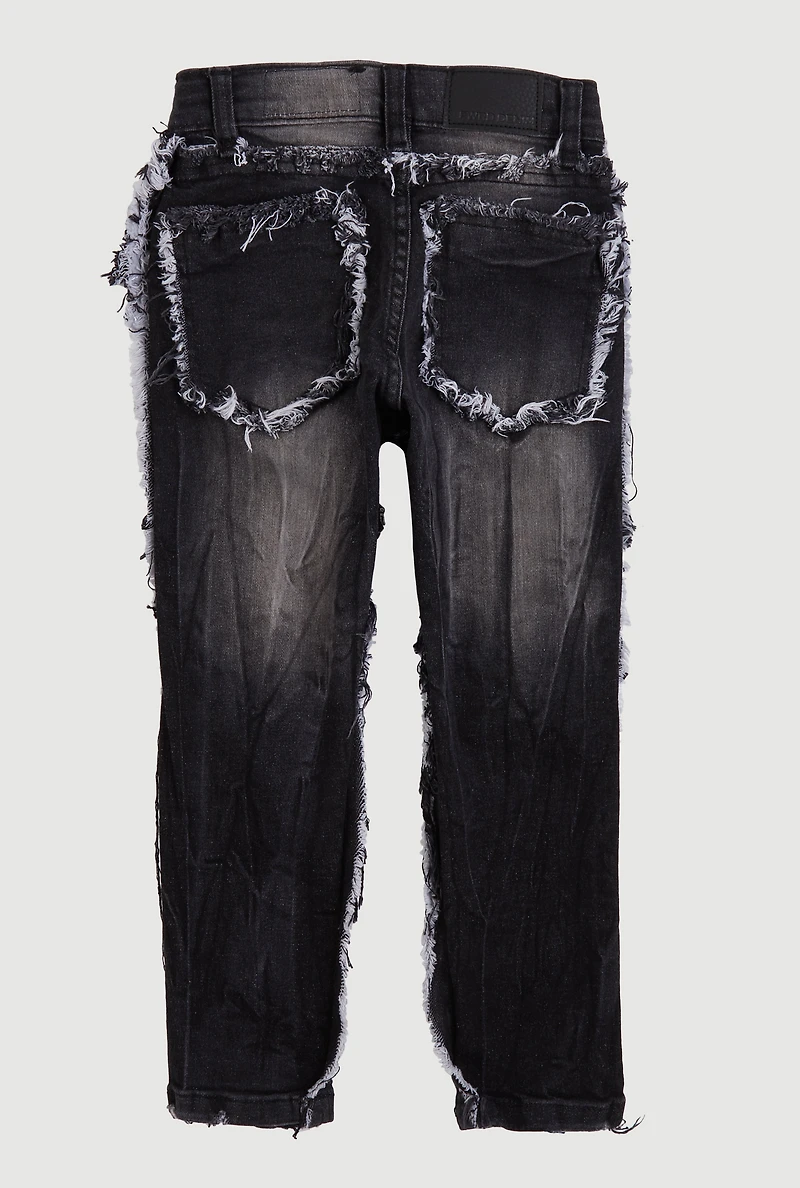 Little Boys Frayed Denim Jeans, Black, Size 4