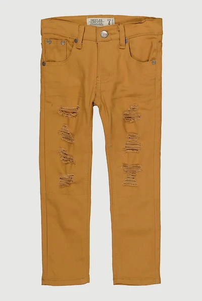 Little Boys Distressed Patch and Repair Skinny Jeans, Khaki, Size 7