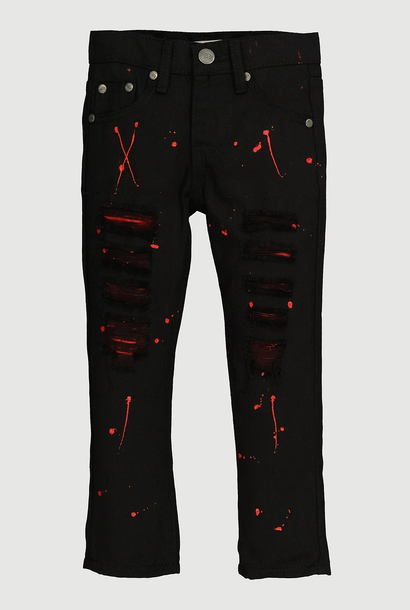 Little Boys Distressed Patch and Repair Paint Splatter Jeans