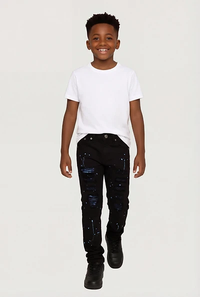 Little Boys Paint Splatter Decorative Stitch Distressed Jeans