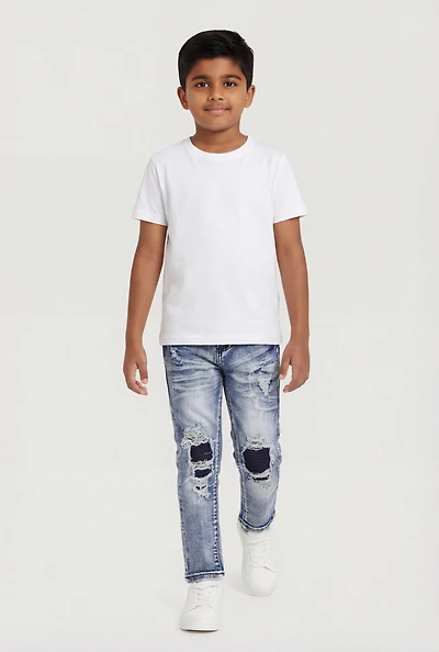 Little Boys Acid Wash Whiskered Patch and Repair Jeans