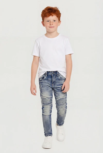 Little Boys Acid Wash Frayed Whiskered Moto Jeans