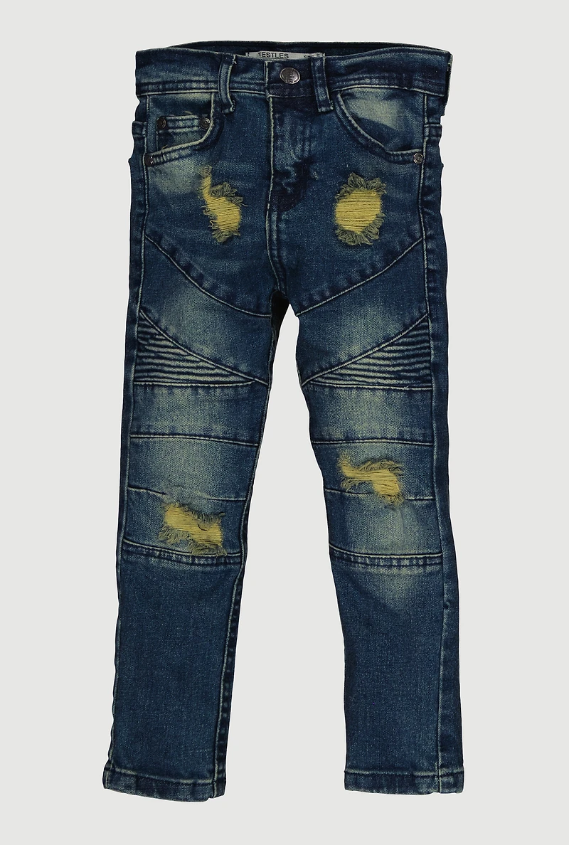 Little Boys Acid Wash Frayed Straight Leg Moto Jeans