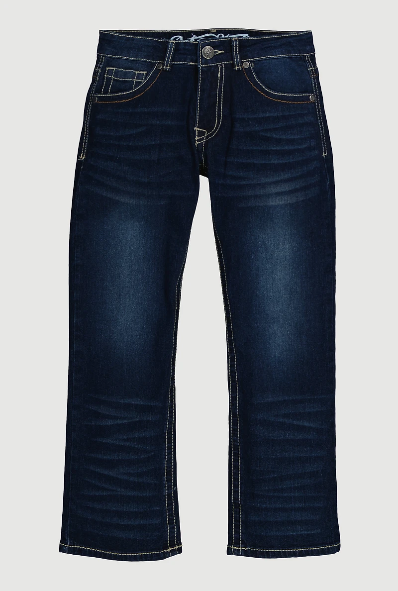 Boys Decorative Stitch Whiskered Jeans, Blue, Size 12