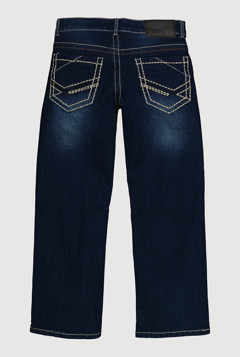 Boys Decorative Stitch Whiskered Jeans, Blue, Size 18