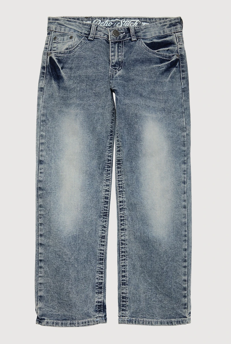 Boys Whiskered Mineral Wash Straight Leg Jeans, Blue, Size 8