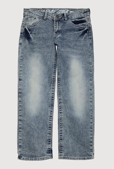 Boys Whiskered Mineral Wash Straight Leg Jeans, Blue, Size 16