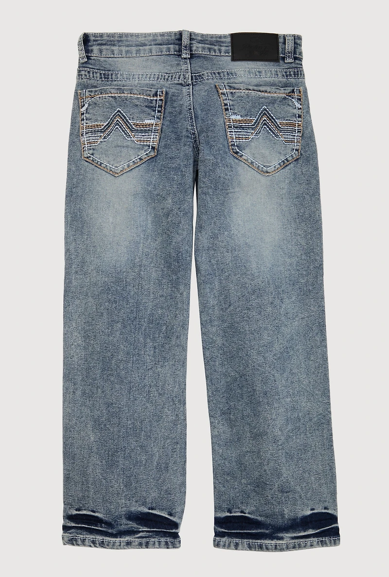 Boys Whiskered Mineral Wash Straight Leg Jeans, Blue, Size 14